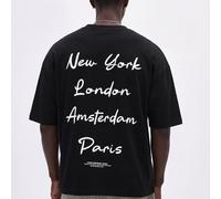 T-shirt oversize nera con stampa grafica di New York, Londra, Amsterdam e Parigi, casual e da strada L,M,S,XL,XSGrafico,LettereTessuto in maglia