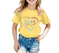 T-shirt per bambini per bambine dai 3 ai 13 anni 2025 amore alla moda grafica girocollo manica corta magliette comode estive cartoni animati carino casual jogging camicetta t-shirt, Giallo, 6-7 Years