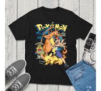 T-shirt Pokémon Champion Ash Pikachu Charizard | Maglietta anime nera vintage