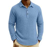 T Shirt Polo da uomo a maniche lunghe con colletto alto e abbottonatura in tessuto misto cotone trapuntato, per il tempo libero, tutti i giorni, ufficio e attività all'aperto, 01 azzurro cielo., 3XL