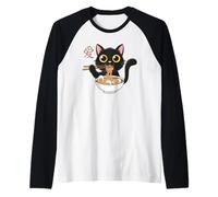 T-Shirt Ramen con Gatto Nero con Grafica Giapponese Kawaii Anime Cool Cat Maglia con Maniche Raglan