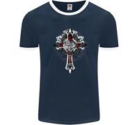 T-Shirt Ringer Steampunk Cross Gothic Heavy Metal Biker Uomo FotL