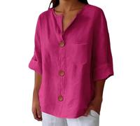 T Shirt Scollo A V Donna - Camicette Donna Estive Cotone Lino Maglietta Button Down Chiusura Frontale Blusa Al Gomito Tinta Unita Summer Tops Leggera Comoda Camicette Versatile Snellisce La Figura