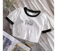 T-shirt semplice da donna con grafica e testo in inglese, con bordi a contrasto, casual e carina L,M,S,XSBlocchi di colore,LettereTessuto