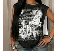 T-shirt senza maniche da donna in bianco e nero con stampa retrò di drago inglese e totem, ideale per l'estate, lo streetwear, le vacanze in città, stile Y2K, con scollo rotondo e cuciture laterali. L