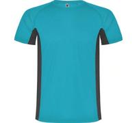 T-shirt sportiva a maniche corte per bambini/ragazzi di Shanghai (turchese/piombo scuro) 100% poliestere. Tessuto: Birds Eye, tecnico. Design: pannello a contrasto. Scollo: girocollo. Tipo di manica: