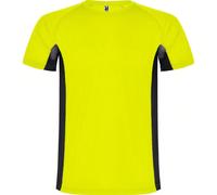T-shirt sportiva per bambini/ragazzi a maniche corte di Shanghai (Giallo fluo/Nero tinta unita) 100% poliestere. Tessuto: Birds Eye, tecnico. Design: pannello a contrasto. Scollo: girocollo. Tipo di m