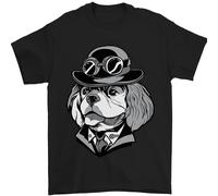 T-Shirt Steampunk King Charles Spaniel Cavalier Uomo 100% Cotone