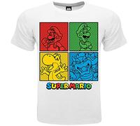 T-Shirt Super Mario Ufficiale Mario Luigi Yoshi Bowser 4 quadranti Bianca Maglia Maglietta Originale (14-15 Anni)