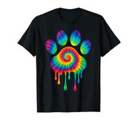 T-shirt Tie Dye Drip Pet Lover con stampa arcobaleno a forma di zampa di gatto e cane Maglietta