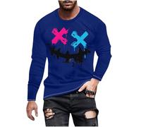 T-shirt Uomo Manica Lunga - Demone Sorridente Viso Stampa Manica Lunga - Moda Autunno Girocollo T Shirt, Blu, L