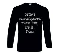 T-shirt uomo manica lunga nera scritta L'ALCOOL E' UN LIQUIDO PREZIOSO...