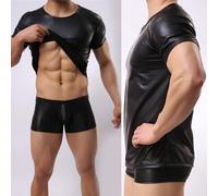 T-shirt uomo sexy ecopelle girocollo manica corta slim PU nera biker top