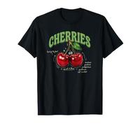 T-Shirt Vintage con Illustrazione Botanica di Ciliegie Maglietta