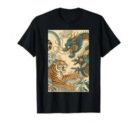 T-shirt vintage con tigre giapponese e drago che combattono Maglietta