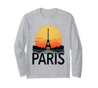 T-Shirt Vintage con Torre Eiffel di Parigi Francia e Tramonto Souvenir Maglia a Manica