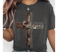 T-shirt vintage da donna con croce di fede, taglie forti, con stampa "PERCHÉ DIO HA TANTO AMATO IL MONDO...", collo rotondo, maniche corte 0XL,1XL,2XL,3XL,4XLFumettoTessuto in maglia