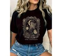 T-shirt vintage elegante in 100% cotone, nera e oro, da donna, con stampa dei tarocchi "The Empress" | Abbigliamento per tutte le stagioni, lettura dei tarocchi | Estetica mistica | Stampa grafica di 