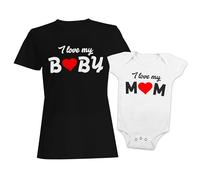 t-shirteria Coppia Maglietta e bodi Uso diurno Neonato Intimo da Giorno Set Coordinato Madre e Bimba Bimbo Regalo Festa Mamma (Cuori Amore I Love My Mom Baby)