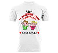 t-shirteria Maglietta Festa del papà - Maschietto e Femminuccia papà Ti Vogliamo Bene Tanto così - [PERSONALIZZA Nomi] - Maglietta Personalizzata papà - Idee Regalo papà