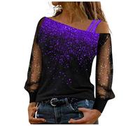 T Shirts Uomo Manica Mesh Top Freddo Spalla allentata Paillettes T Shirt Casual Lungo Stampa Splice Delle Donne Camicetta Donne Camicetta Ginnastica Parrucca, Lilla, XXL
