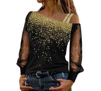 T Shirts Uomo Manica Mesh Top Freddo Spalla allentata Paillettes T Shirt Casual Lungo Stampa Splice Delle Donne Camicetta Donne Camicetta Ginnastica Parrucca, gold, XL