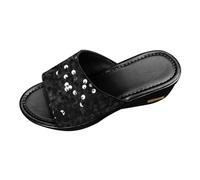 T Strap Donne Nuove Paillettes Moda Europa E Gli Stati Fuori Indossare Aumentare Confortevole Spessore Fondo Pendenza Con Sandali Pantofole, Nero , 39 EU