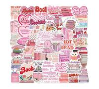 T TAKONE Bookish - Set di 50 adesivi estetici per Kindle e laptop, adesivi a libro rosa impermeabili, perfetti per gli amanti dei libri e degli adolescenti (rosa)