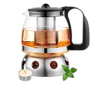 T24 Teiera in vetro da 1250 ml con setaccio, resistente al calore, rimovibile, in acciaio inox, filtro per tè, con fornello