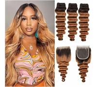 T4/30 Bundles Ombre Loose Deep Wave Fasci di capelli umani Brown Curly Wave 3Bundles brasiliani 4X4 Chiusura in pizzo a parte libera per le donne(14, 16, 18, 14) pollici,18 20 22+18 inch