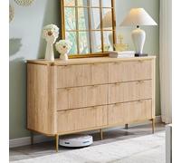 T4TREAM Comò scanalato a 6 cassetti per camera da letto, mobile moderno per TV da 137,2 cm di larghezza, dettagli dorati, frontali scanalate, organizer per camera da letto, soggiorno, rovere naturale
