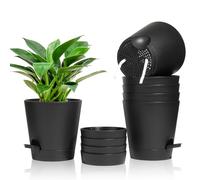 T4U 16.5cm Vasi per Piante Autoirriganti Set di 6, Vasi da Esterno Plastica Rotonda, Decorativi Interno Moderni con Sottovasi per Casa e Ufficio, Nero