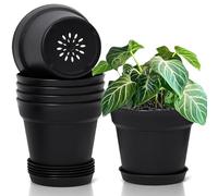 T4U Vaso per Piante da Interno 19 cm in Plastica con Sottovaso Set da 6 Vasi Rotondi con Fori di Drenaggio per Erbe e Piante Vasi per Orchidee per Casa Balcone Nero
