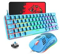 T60 Set Tastiera e Mouse da Gioco, Mini 60% Tastiera Meccanica Compatta 62 Tasti, 19 Rainbow LED Light, UK Layout + Mouse da Gioco a 6400 DPI + Mouse Pad per PC, Laptop - Interruttore Blu/Blu