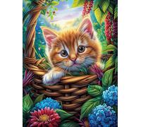 Tabby Cat in A Basket with Flowers Puzzle 300 Pezzi Rompicapo Per Team Building Science Fiction Magical Dream Attività Di Gruppo Collaborazione E Divertimento Regalo Festa Aziendale 300 PCS
