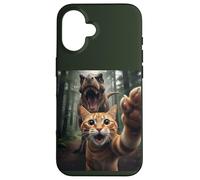 Tabby Cat Selfie Escape from Dinosaur Funny for Teens Adults Custodia per iPhone 16