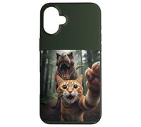 Tabby Cat Selfie Escape from Dinosaur Funny for Teens Adults Custodia per iPhone 16 Plus