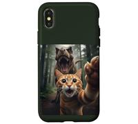 Tabby Cat Selfie Escape from Dinosaur Funny for Teens Adults Custodia per iPhone X/XS
