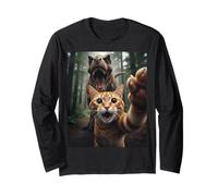 Tabby Cat Selfie Escape from Dinosaur Funny for Teens Adults Maglia a Manica