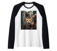 Tabby Cat Selfie Escape from Dinosaur Funny for Teens Adults Maglia con Maniche Raglan
