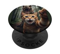 Tabby Cat Selfie Escape from Dinosaur Funny for Teens Adults PopSockets PopGrip Adesivo