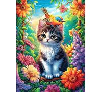 Tabby Cat with A Bird on Her Head Puzzle 300 Pezzi Per Adulti Antistress Wildlife Pet Cartone Opaco Non Sbiadisce Per Rilassamento Serale Kit Completo Con Poster E Colla Qualità Garantita 300 PCS