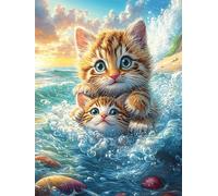 Tabby Cat with A Kitten in The Ocean Rompicapo 1000 Pezzi Monet Per Adulti Science Fiction Magical Dream Cartone Di Alta Qualità Ninfee Per Decorazione Domestica Stampa Ad Alta Definizione Edizione Li