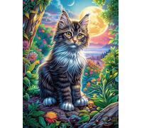 Tabby Cat with A Moon in A Garden Puzzle 500 Pezzi Multicolore Paesaggi Classici Fairy Tale Scenery Cartoon Rompicapo Sfida Difficile Impossibile Giochi Da Tavolo Familiare Regalo Natale 500 PCS