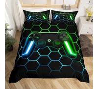 Tabeskly Gioco Gamepad Esagono Geometrico Ragazzi Sacco Copripiumino Matrimoniale Bambino Piumino Matrimoniali Letto Set Verde Nero 200x200cm