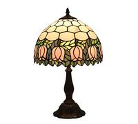 Table Lamp 12 inch Pink Tulip Stained Glass Lampshade Bedroom Bedside Decor Lighting with Antique Zinc Base for Living Room Study,E27