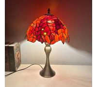 Table Lamp Red Stained Glass Creative Leaf Lampshades with Gold Iron Base 12X12X18 Inches Vintage Desk Reading Light Decor Bedroom Bedside Living Room Office