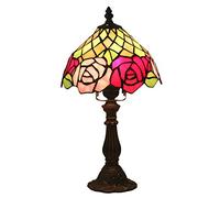 Table Lamps Bedside Lamps, Stained Glass Desk Lamp Reading Lamp for Bedroom Living Room,Antique Zinc Base,8" Floral Lampshade,Red Rose