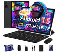 Tablet 10 Pollici Android 15 con 30 GB RAM+2TB ROM Espansione, Widevine L1 | FHD Tablet con Tastiera e Mouse, 6000mAh, Octa-Core, 5G Wi-Fi, GPS, USB-C, BT 5.0, 8MP+5MP, Gemini AI, Nero