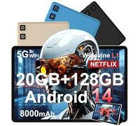 Tablet 11 Pollici Android 14 con Widevine L1, 8000 mAh + Ricarica Rapida 18 W, 5MP+13MP, 20 GB RAM+128 GB ROM (Espandibile Fino a 1 TB), 5G Wi-Fi, GPS, Octa-Core 2.0 GHz, 1280*800, Face ID, USB-C, Oro